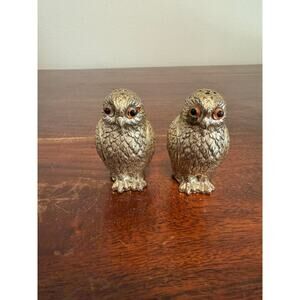 Vintage Owl Salt & Pepper Shakers Silver Tone Metal Figural Eyes